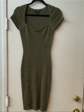 Guess Olive Ribbed Cap-Sleeve Midi Dress